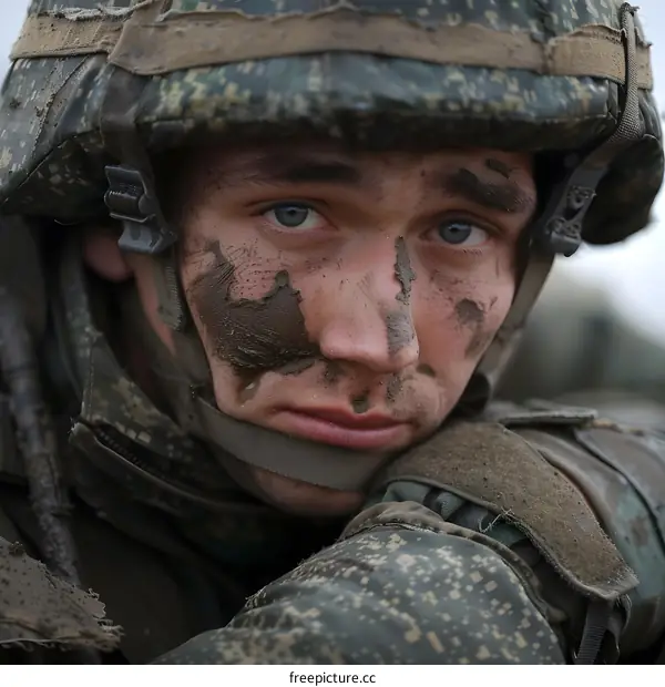 Portrait of a young soldier with mud on his face