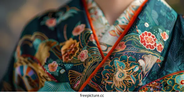 Close Up of a Traditional Japanese Kimono with Floral Pattern