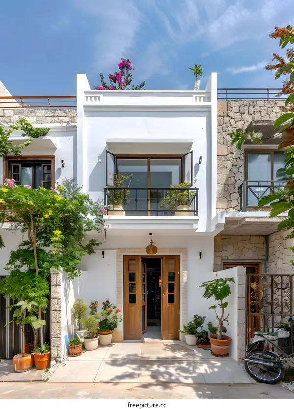 Modern White House With Wooden Door And Plants In Pots