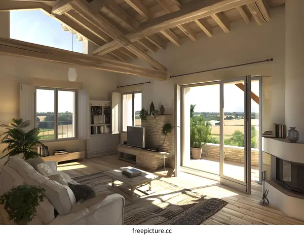 Modern Farmhouse Living Room with Exposed Beams and Large Windows