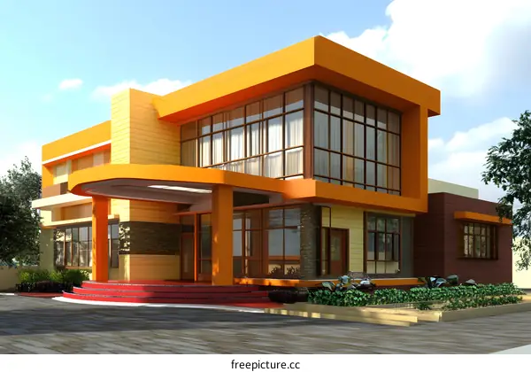 Modern Orange and Yellow House with Large Windows