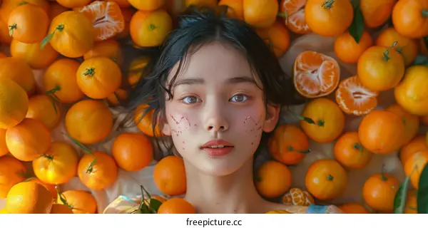 Asian Woman Surrounded by Oranges
