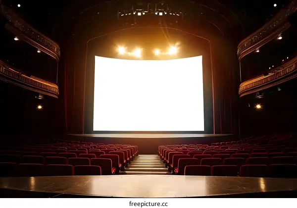 Empty Theater With White Screen And Red Seats