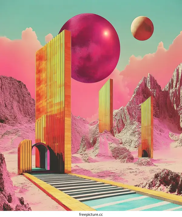 Surreal Landscape with Pink Sky and Golden Arches