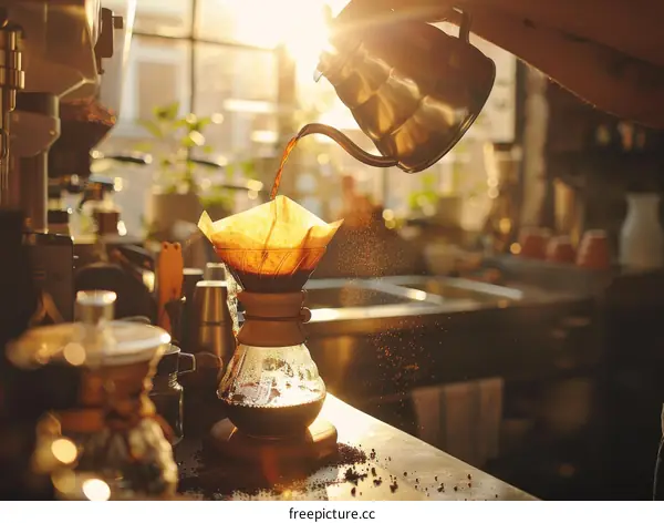 Barista pouring hot water into a coffee filter
