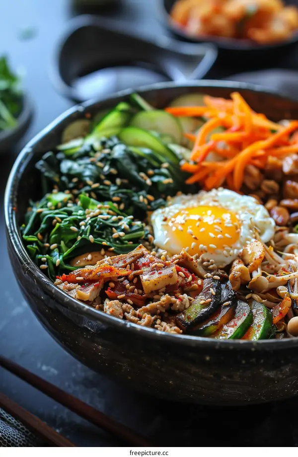Korean Food, Bibimbap with Egg, Vegetables, and Beef