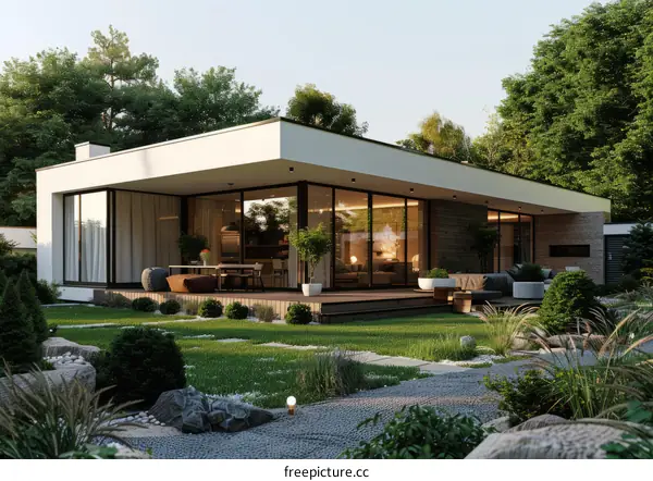 Modern minimalist house with large glass windows and a spacious terrace