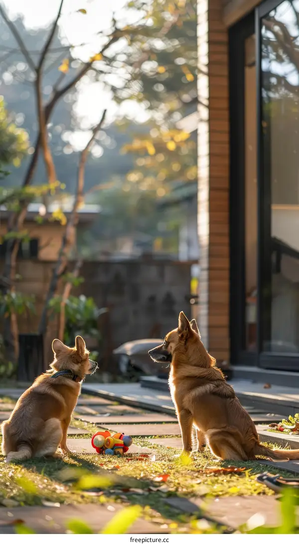 Two dogs sitting on the ground outside a house looking at each other