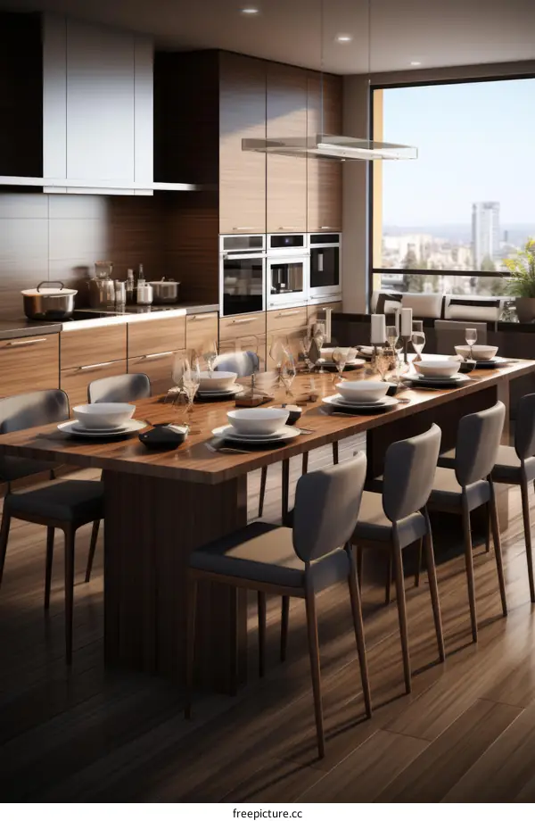 Walnut Dining Table With 10 Chairs and Modern Kitchen