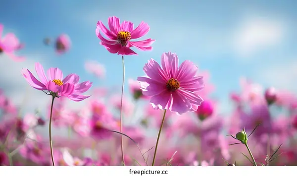 Pink Cosmos Flowers in a Field with Blue Sky