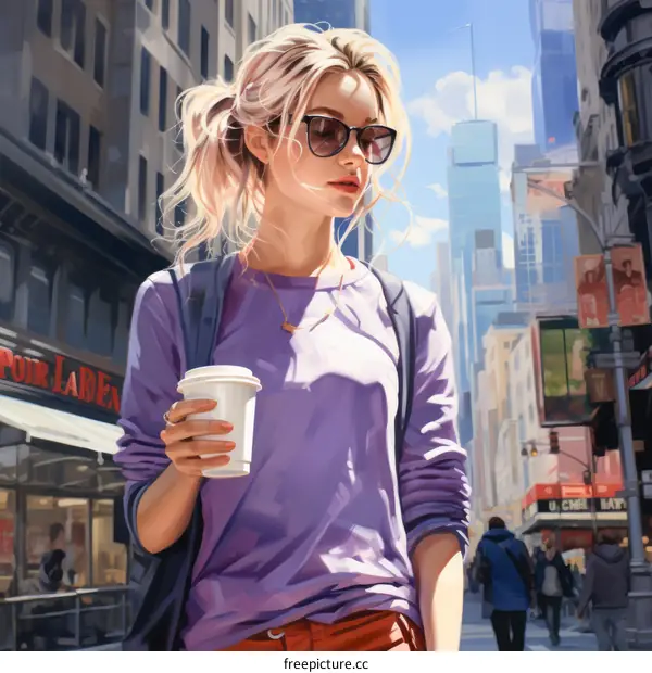 A blonde woman in sunglasses is walking down a busy city street carrying a coffee cup