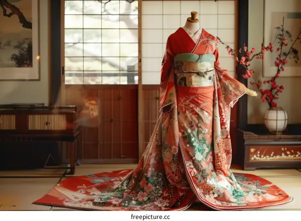 A kimono displayed in a traditional Japanese room
