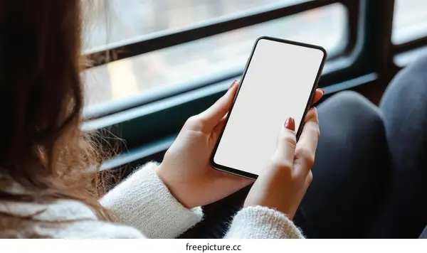 Woman using blank screen smartphone indoors by window