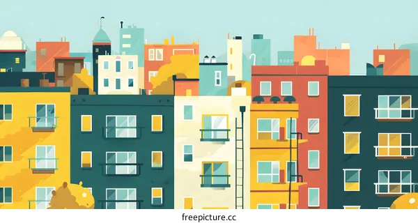 Cityscape Illustration with Colorful Buildings and Windows