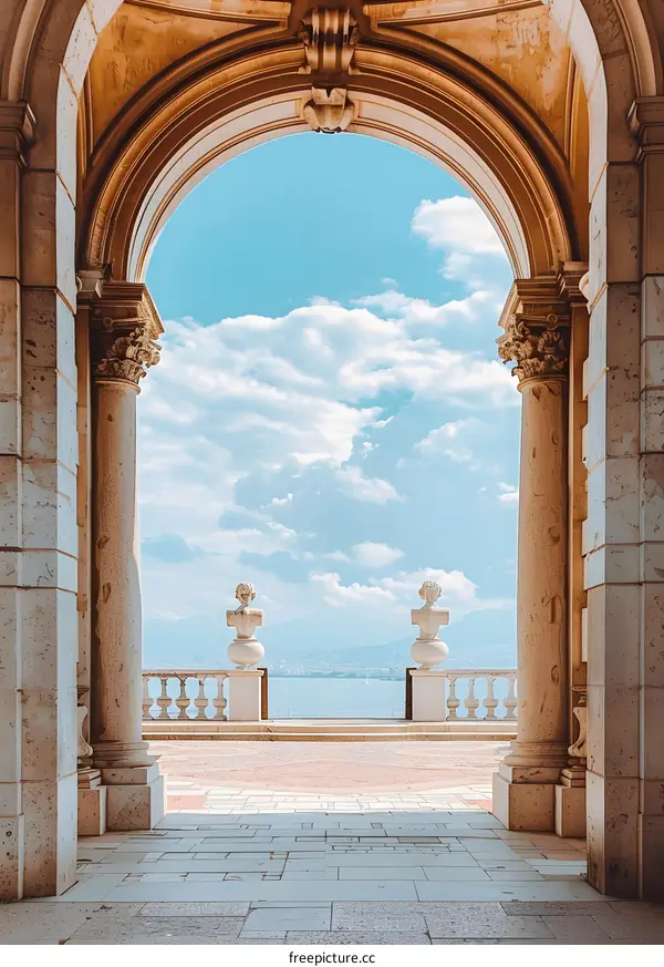 Stone Archway with View of Blue Sky and Water