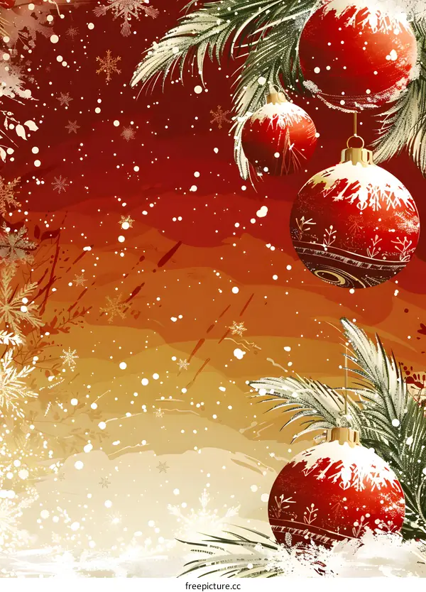 Red Christmas Ornaments with Snowflakes Background
