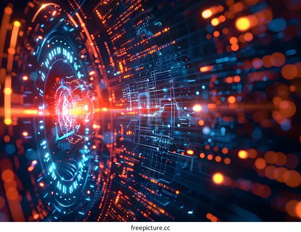 Abstract technology background with bright neon lights and glowing particles.