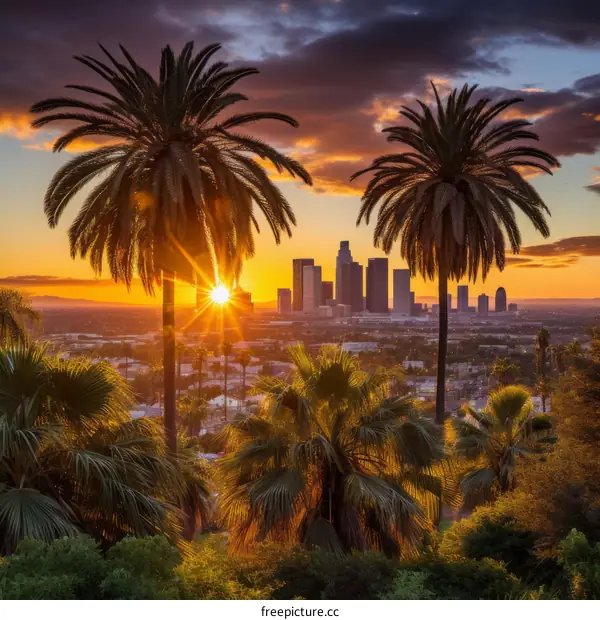 Palm trees and the Los Angeles skyline at sunset