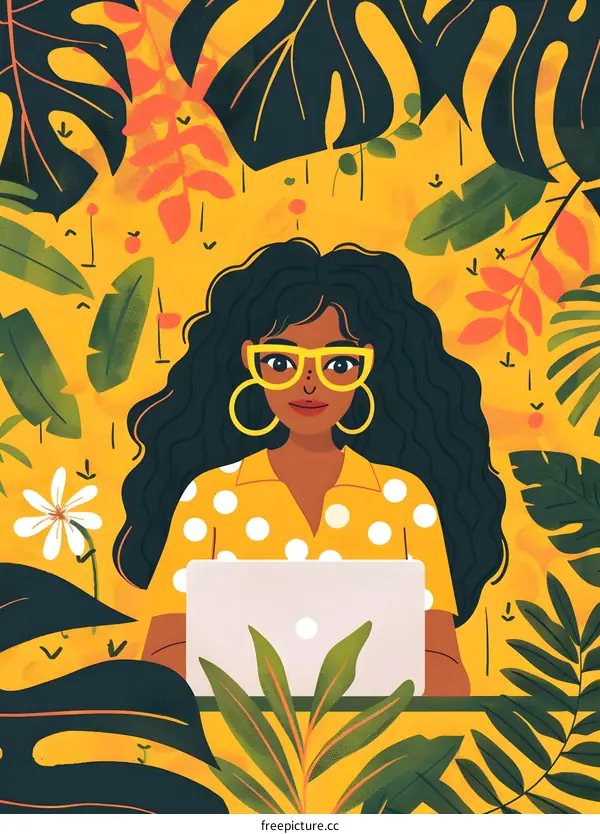 Woman with Laptop Surrounded by Tropical Leaves