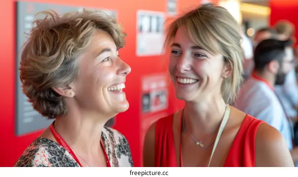 Two young women are talking and smiling at each other