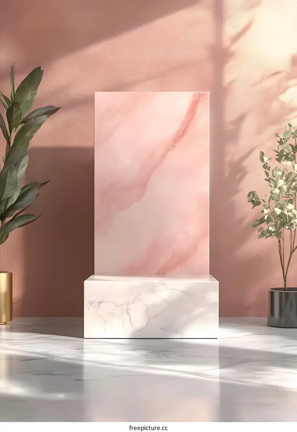 Minimalist Pink and White Marble Background with Plants