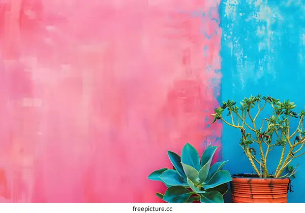 Pink and Blue Wall With Plants