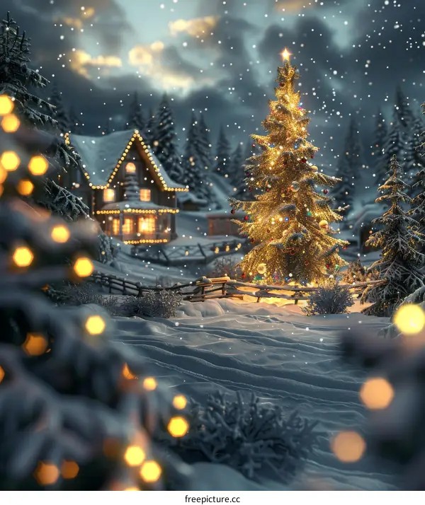 Christmas Tree in a Snowy Village