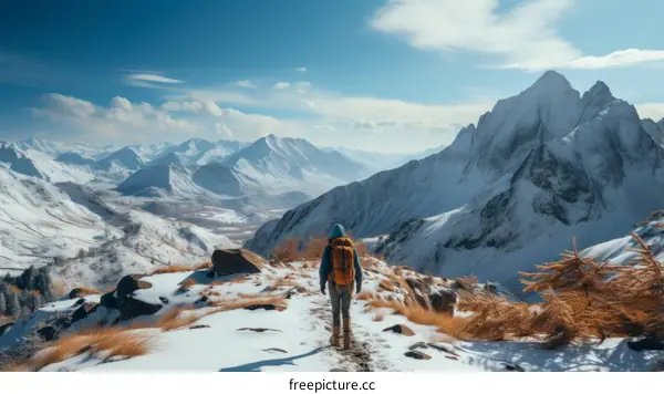 A lone backpacker hiking in the snow-capped mountains