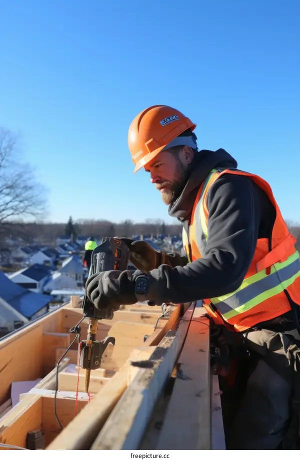 Construction worker wearing hardhat and safety vest using power tool on roof of house under construction