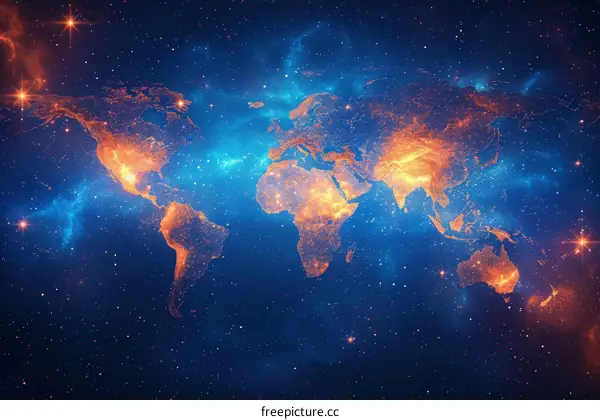 Artistic illustration of the world map with glowing lights