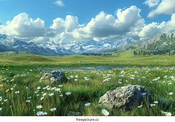 Tranquil Mountain Meadow with Snowy Mountains