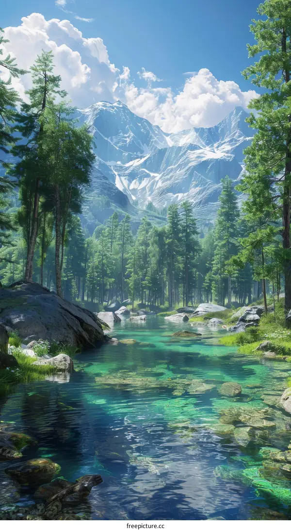 Snow-capped Mountains Reflecting in a Tranquil River Valley