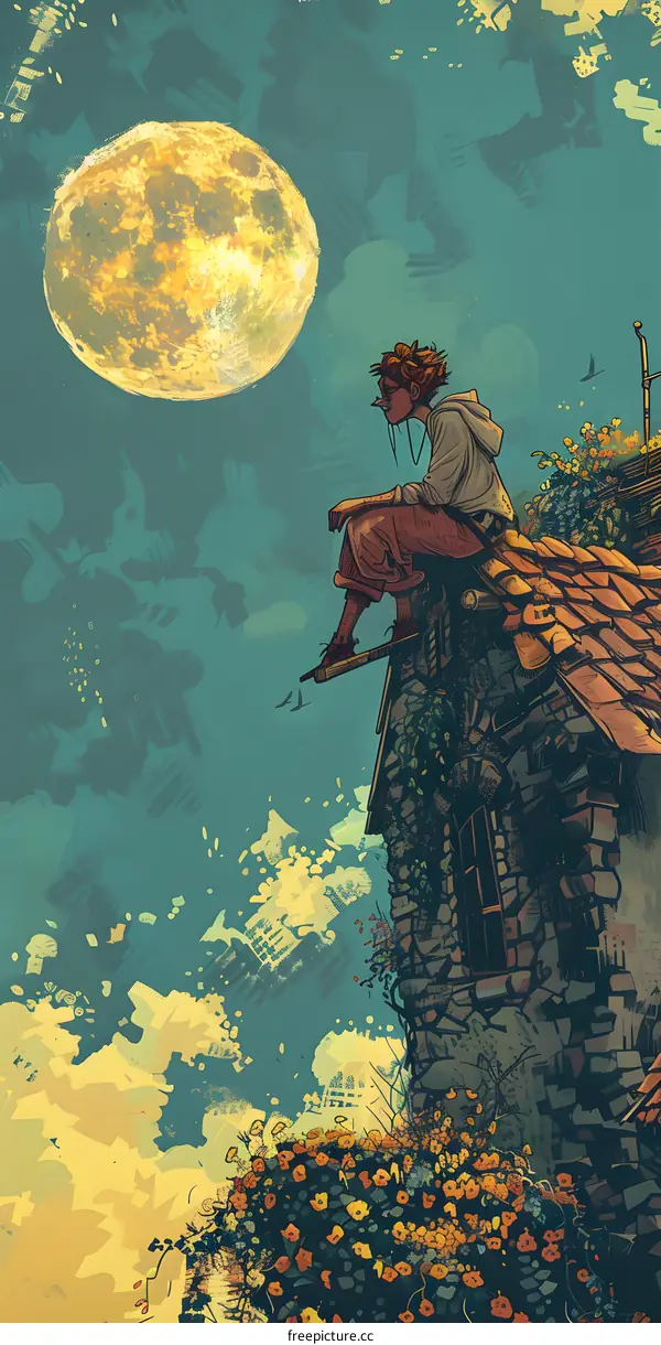 Person Sitting On Roof Looking At Full Moon