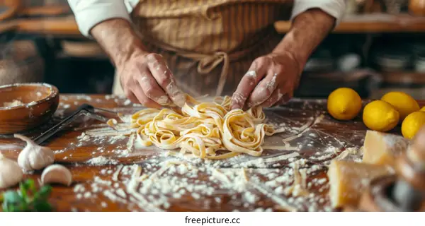 A chef is making pasta in a commercial kitchen.