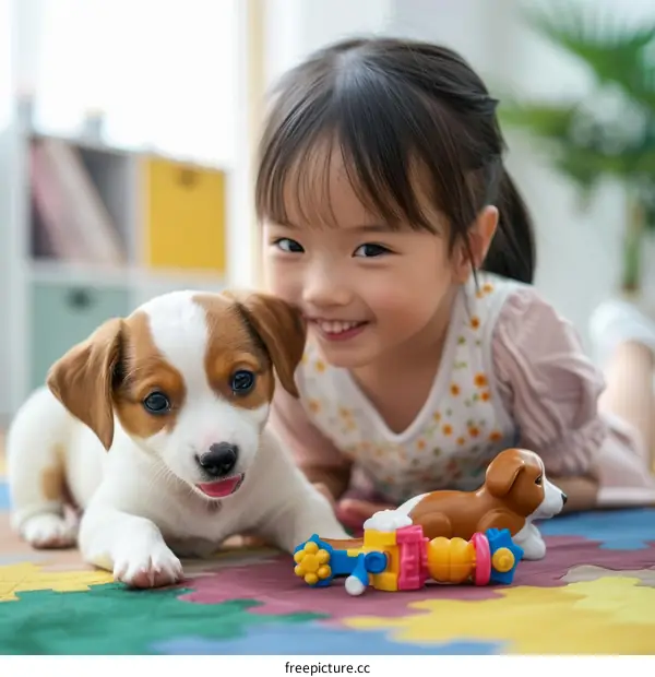 Asian toddler girl playing with a puppy