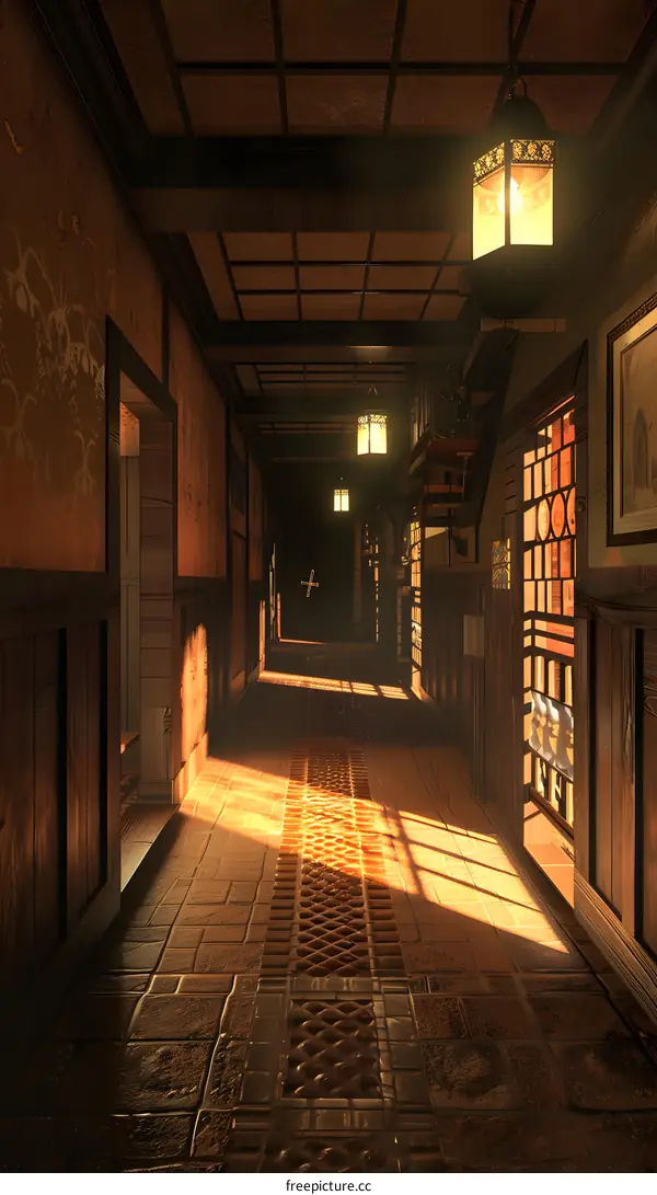 Dark Wooden Corridor With Hanging Lanterns