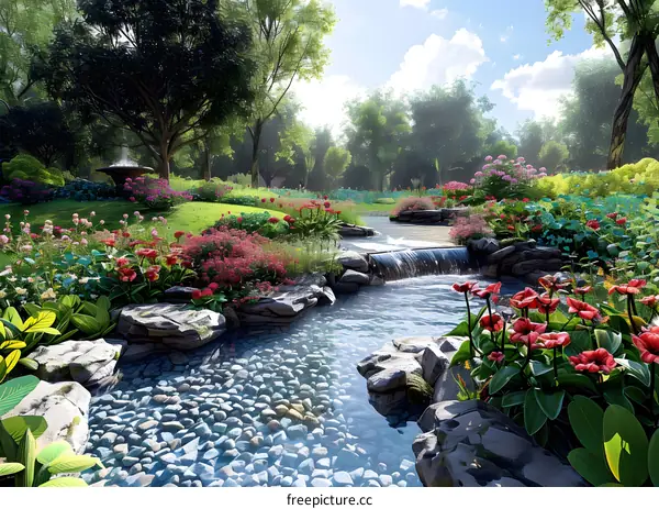 A beautiful garden with a creek running through it