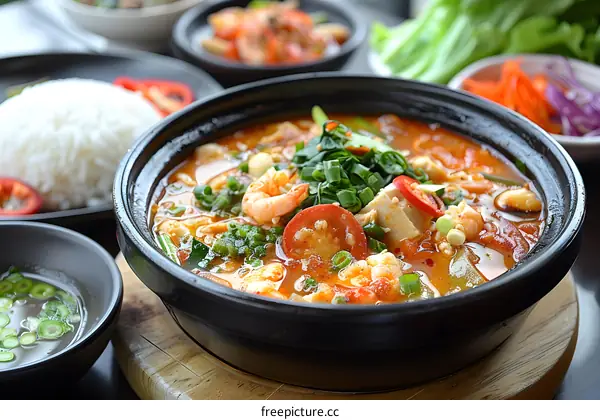 Delicious Spicy Seafood Soup with White Rice