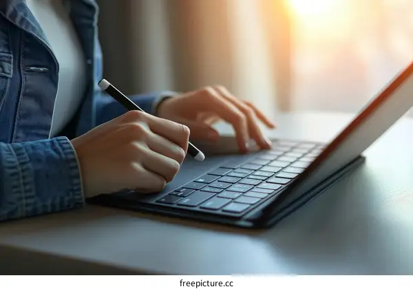 Woman Using Digital Stylus on Tablet Computer