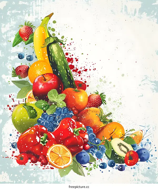 Colorful Fruit and Vegetable Illustration with Watercolor Splashes