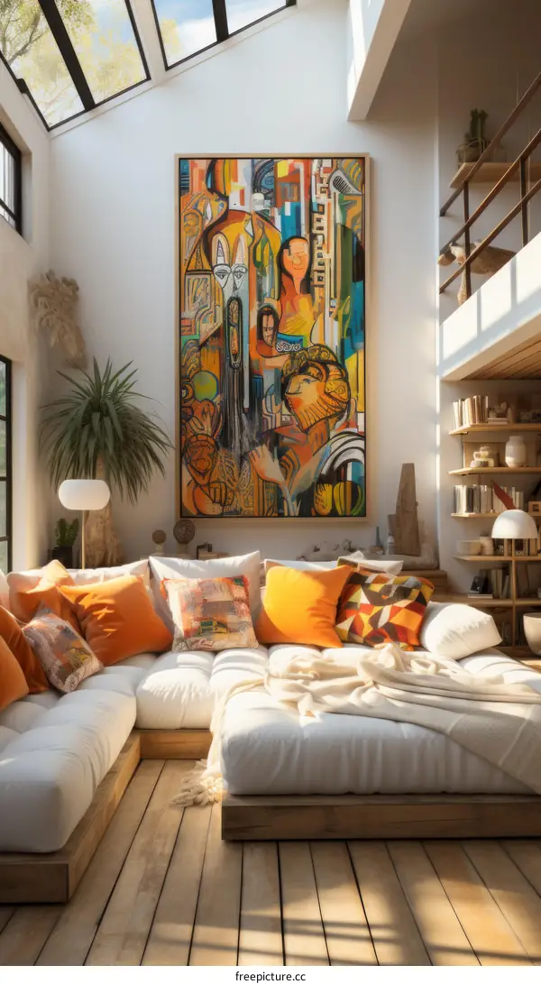 An illustration of a living room with a large painting on the wall