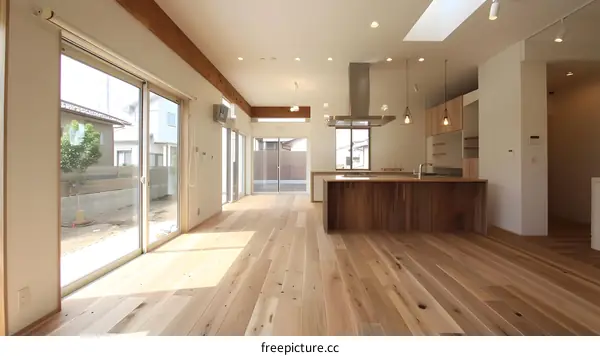 Modern Kitchen Design With Large Windows And Wooden Flooring