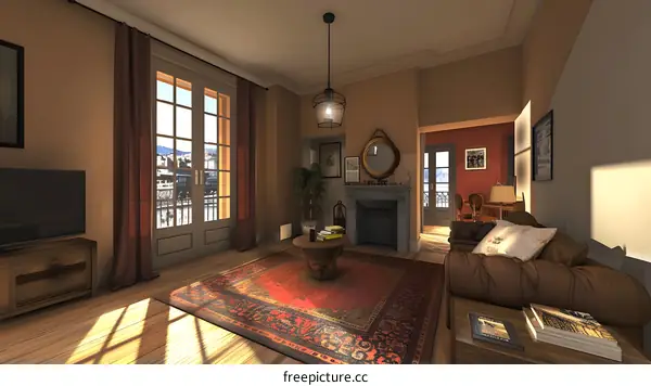 Modern Living Room Interior Design With Fireplace And Red Rug