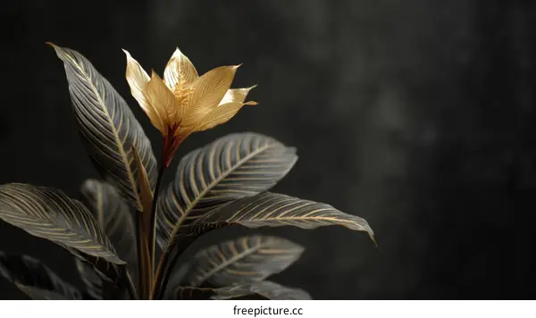 Golden Flower on Dark Leaves,  Elegant Botanical Art