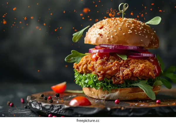 A delicious crispy chicken burger with lettuce, tomato, onion, and spices