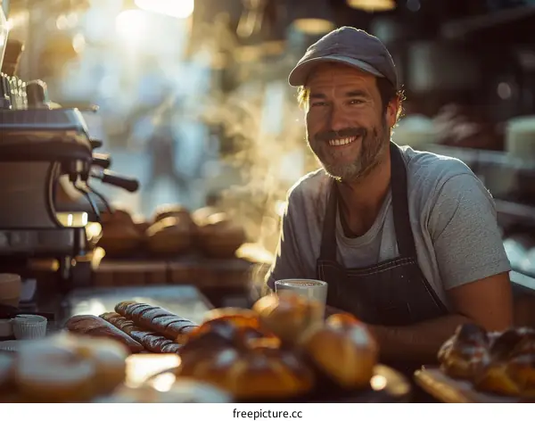 Bearded man leaning on counter in bakery
