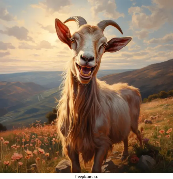 Laughing goat on a green hill