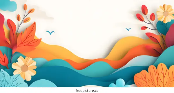 Paper Cut Style Autumn Landscape Illustration With Birds And Flowers