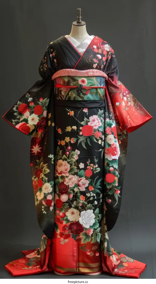 Traditional Japanese Geisha in a Red and Black Kimono