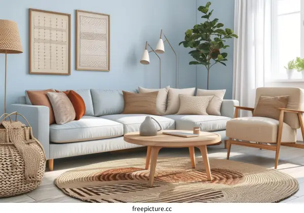 A Stylish Living Room With Blue Walls and a Mix of Patterns and Textures